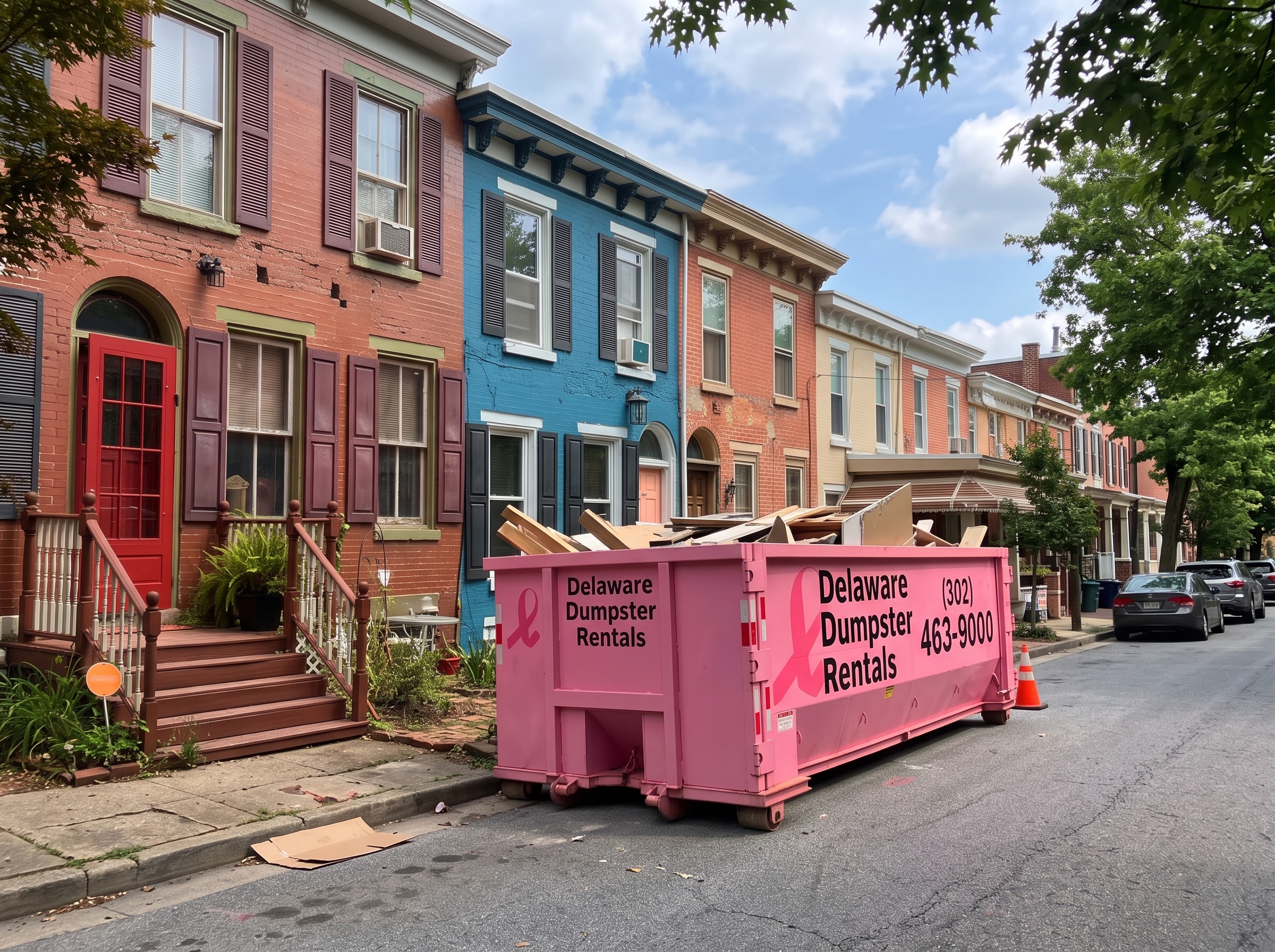 A photo of a historic home renovation projects in Wilmington, DE, neighborhood that is using a dumpster rental to assist with cleanup.