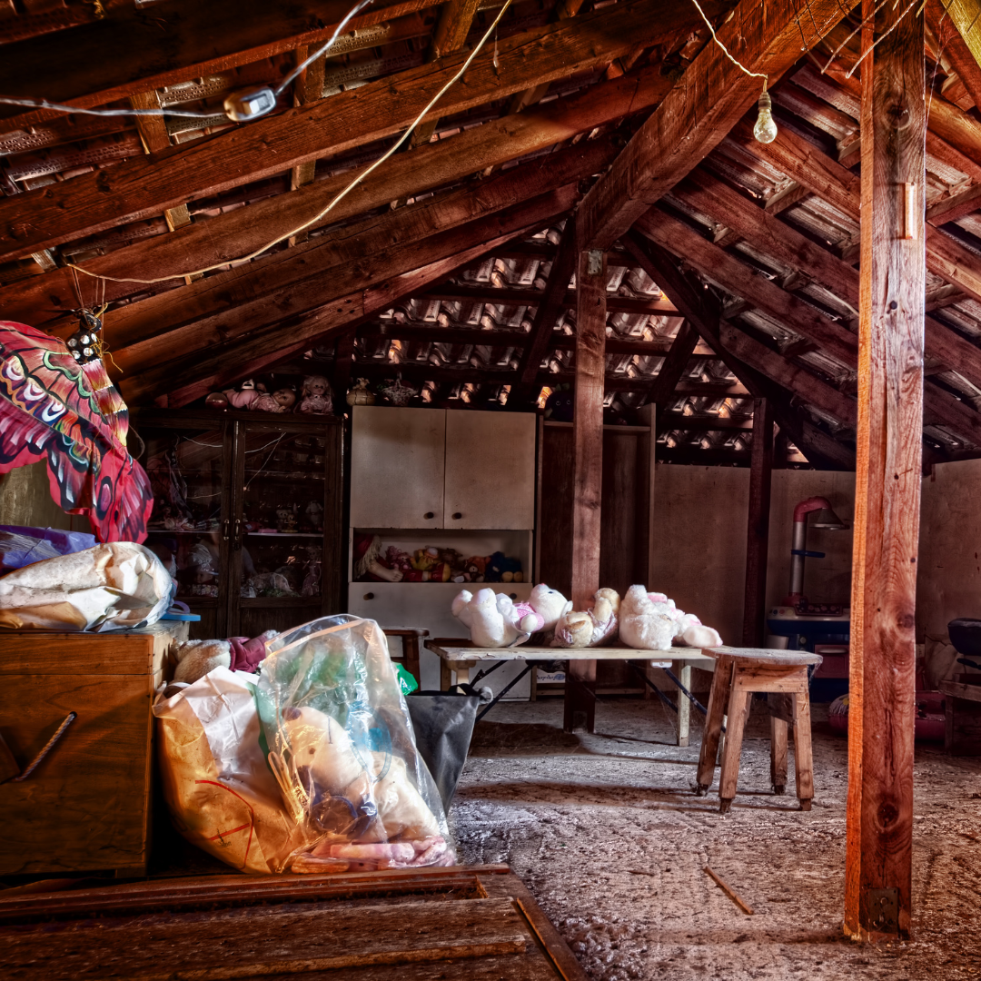 A photo of a home in Wilmington, DE, in need of an attic cleanout and would benefit from the help of a dumpster rental to assist with cleanup.